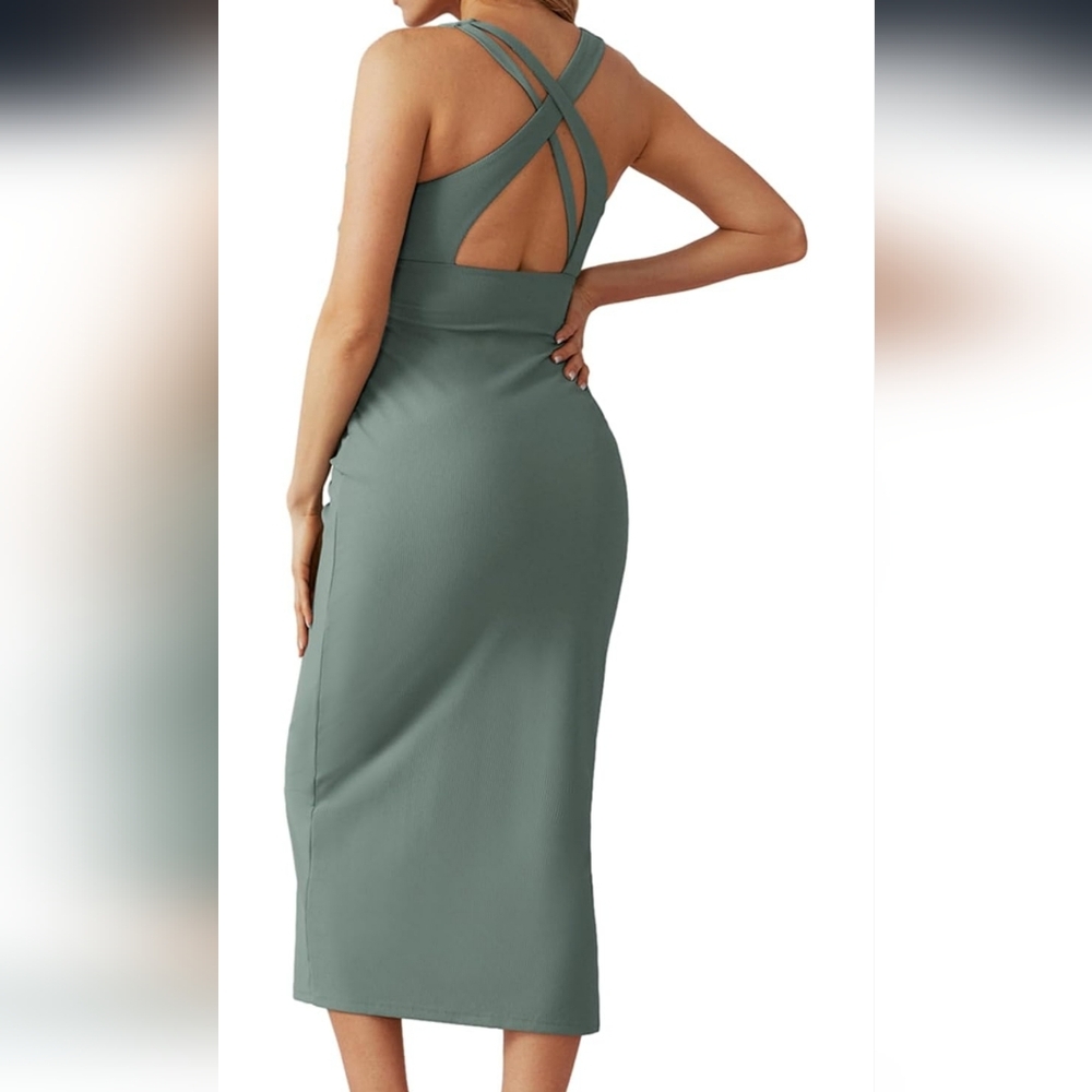 Maternity Sleeveless Ribbed Round Neck Split Backless Maxi Tank Dress